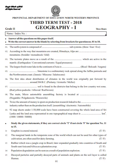 Grade 11 Geography 3rd Term Test Paper 2018 English Medium – North Western Province