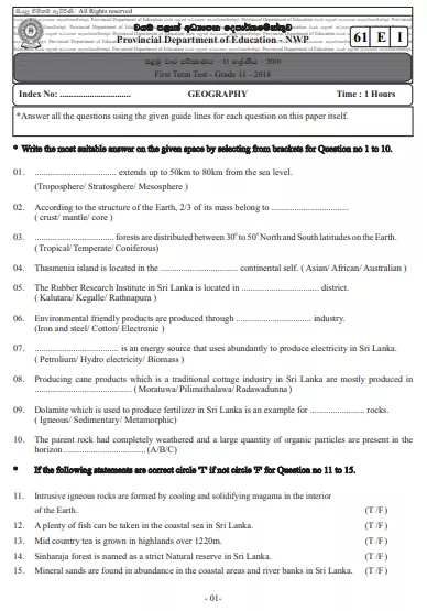 Grade 11 Geography 1st Term Test Paper 2018 English Medium – North Western Province