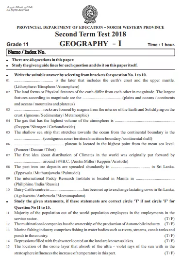 Grade 11 Geography 2nd Term Test Paper 2018 English Medium – North Western Province