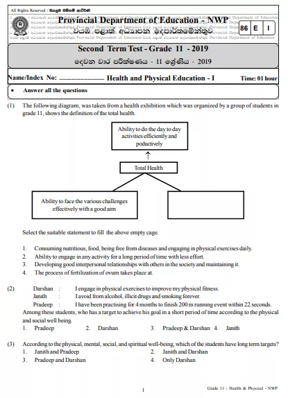 Grade 11 Health 2nd Term Test Paper 2019 English Medium – North Western Province