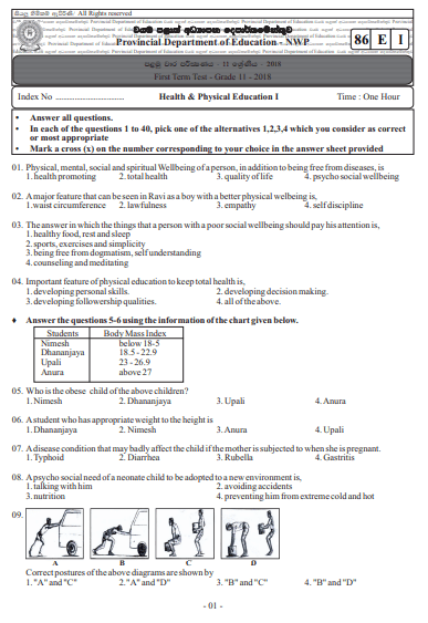 Grade 11 Health 1st Term Test Paper 2018 English Medium - North Western ...