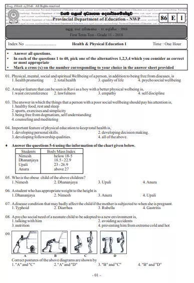 Grade 11 Health 1st Term Test Paper 2018 English Medium – North Western Province