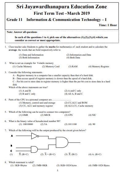 Grade 11 ICT 1st Term Test Paper 2019 English Medium – Jayawardanapura Zone