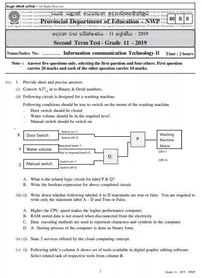 Grade 11 ICT 2nd Term Test Paper 2019 English Medium – North Western Province
