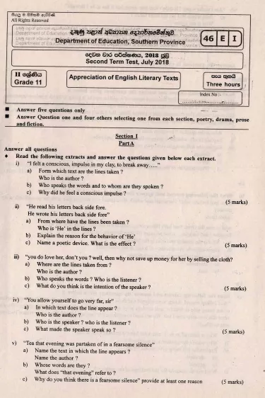 Grade 11 English Literature 2nd Term Test Paper 2018 English Medium – Southern Province
