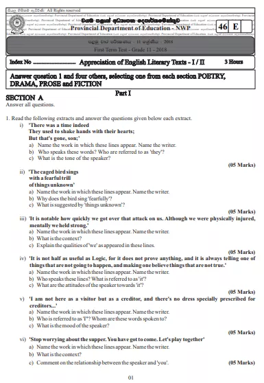 Grade 11 English Literature 1st Term Test Paper 2018 English Medium – North Western Province