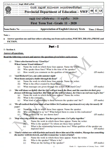 Grade 11 English Literature 1st Term Test Paper 2020 English Medium – North Western Province