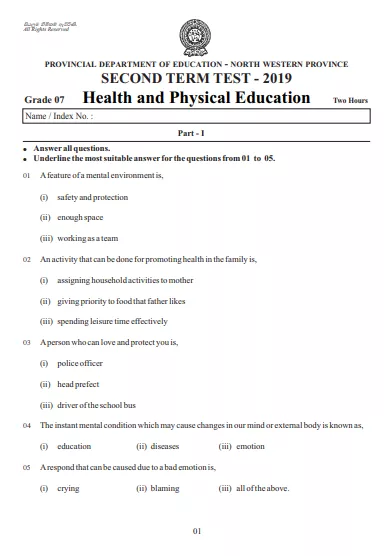 Grade 07 Health 2nd Term Test Paper 2019 English Medium – North Western Province
