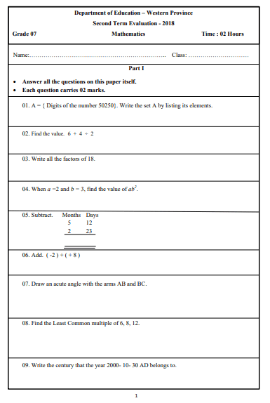 Grade 07 Mathematics 2nd Term Test Paper 2018 English Medium - Western ...