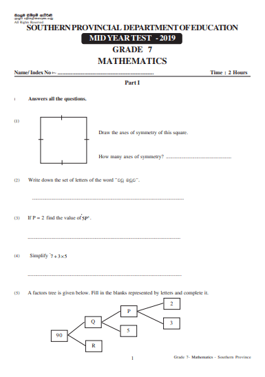 Grade 07 Mathematics 2nd Term Test Paper 2019 English Medium – Southern Province