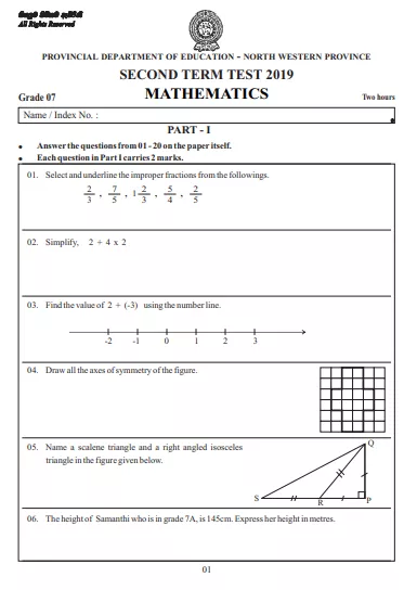 Grade 07 Mathematics 2nd Term Test Paper 2019 English Medium – North Western Province