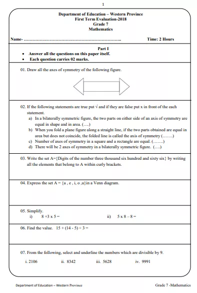 Grade 07 Mathematics 1st Term Test Paper 2018 English Medium – Western Province
