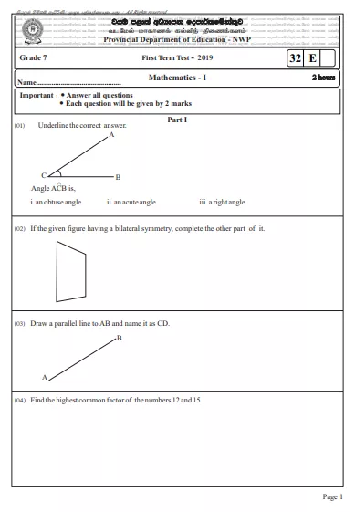Grade 07 Mathematics 1st Term Test Paper 2019 English Medium – North Western Province