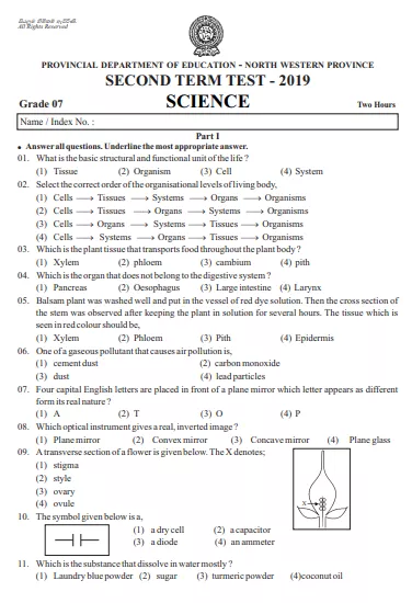 Grade 07 Science 2nd Term Test Paper 2019 English Medium – North Western Province