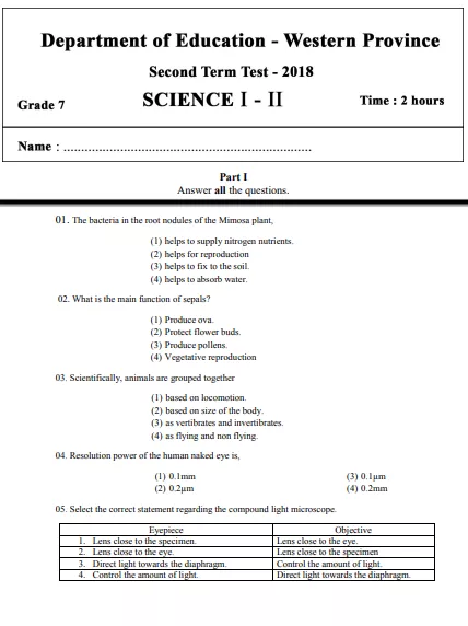 Grade 07 Science 2nd Term Test Paper 2018 English Medium – Western Province