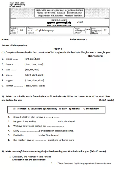 Grade 08 English 1st Term Test Paper 2018 English Medium – Western Province