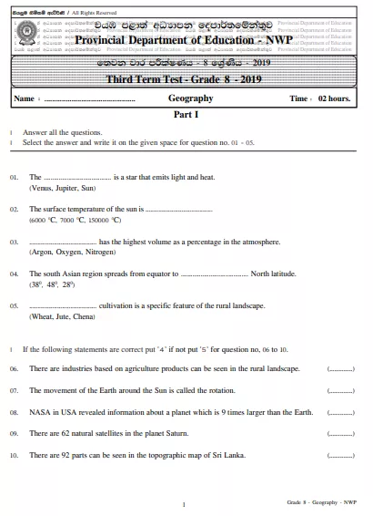Grade 08 Geography 3rd Term Test Paper 2019 English Medium – North Western Province