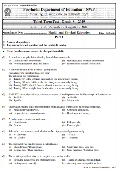 Grade 08 Health 3rd Term Test Paper 2019 English Medium – North Western Province