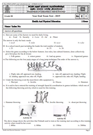 Grade 08 Health 3rd Term Test Paper 2019 English Medium – Central Province
