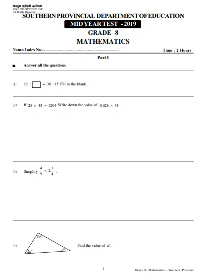 Grade 08 Mathematics 2nd Term Test Paper 2019 English Medium – Southern Province