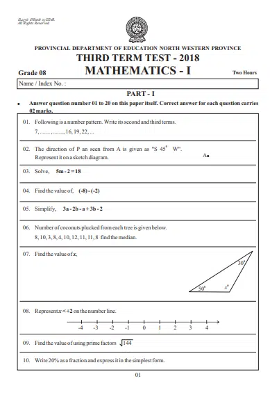 Grade 08 Mathematics 3rd Term Test Paper 2018 English Medium – North Western Province