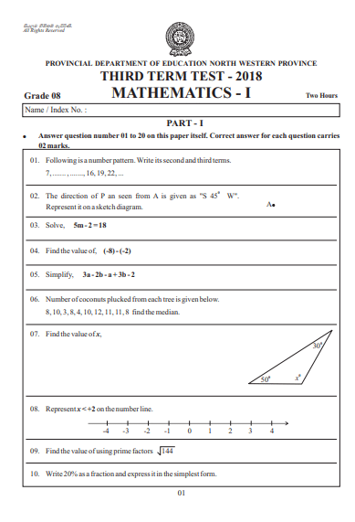 Grade 08 Mathematics 3rd Term Test Paper 2018 English Medium North 