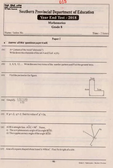 Grade 08 Mathematics 3rd Term Test Paper 2018 English Medium – Southern Province