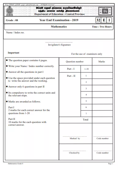 Grade 08 Mathematics 3rd Term Test Paper 2019 English Medium – Central Province