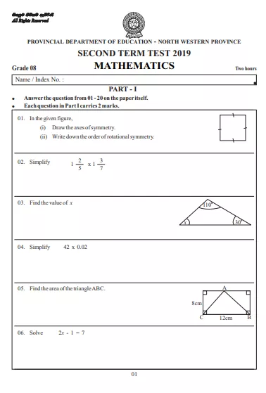 Grade 08 Mathematics 2nd Term Test Paper 2019 English Medium – North Western Province