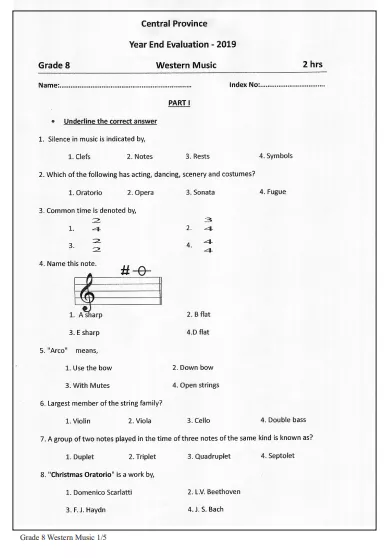 Grade 08 Western music 3rd Term Test Paper 2019 English Medium – Central Province
