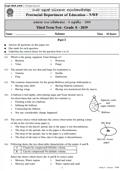 Grade 08 Science 3rd Term Test Paper 2019 English Medium – North Western Province