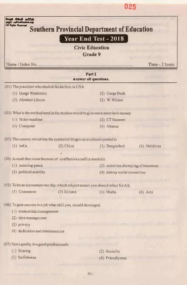 Grade 09 Civic Education 3rd Term Test Paper 2018 English Medium – Southern Province