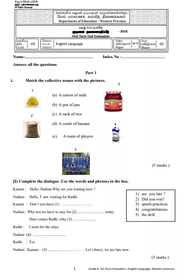 Grade 09 English Language 1st Term Test Paper 2018 English Medium – Western Province