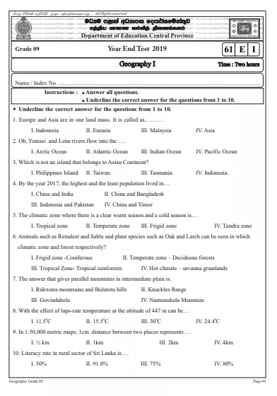 Grade 09 Geography 3rd Term Test Paper 2019 English Medium – Central Province