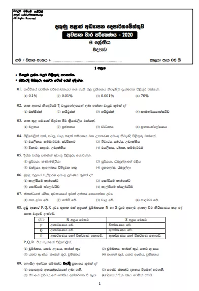 Grade 06 Science 3rd Term Test Paper with Answers 2020 Sinhala Medium - Southern Province