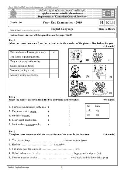 Grade 06 English 3rd Term Test Paper with answers 2019 - Central Province