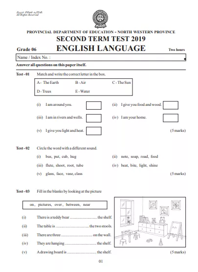 Grade 06 English 2nd Term Test Paper with Answers 2019 - North Western Province