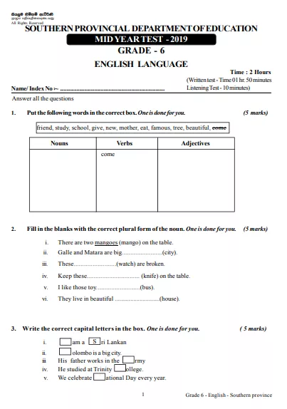 Grade 06 English 2nd Term Test Paper with Answers 2019 - Southern Province