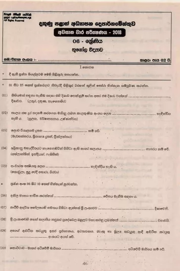 Grade 06 Geography 3rd Term Test Paper 2018 Sinhala Medium - Southern Province