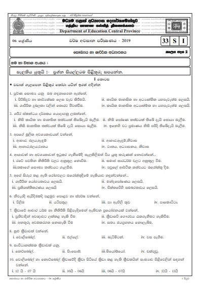 Grade 06 Health And Physical Education 3rd Term Test Paper with Answers 2019 Sinhala Medium - Central Province