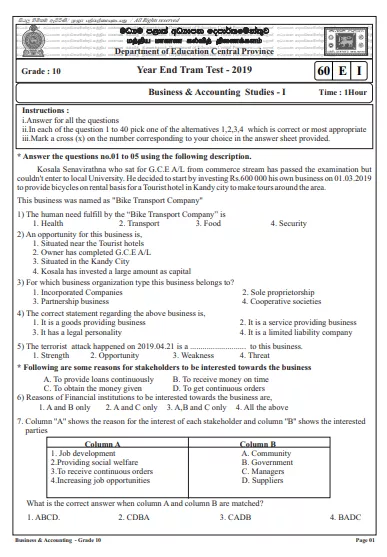 Grade 10 Business and Accounting Studies 3rd Term Test Paper 2019 English Medium – Central Province