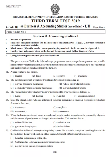 Grade 10 Business and Accounting Studies 3rd Term Test Paper 2019 English Medium – North Western Province