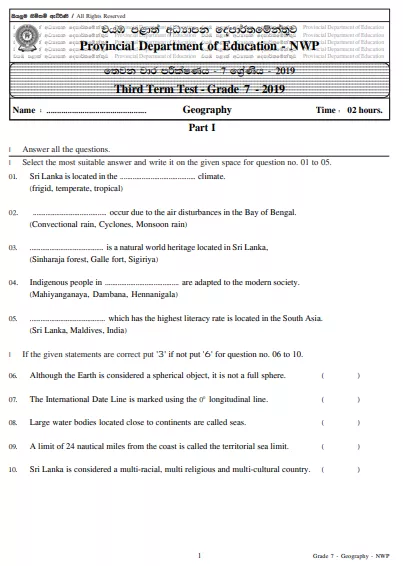 Grade 07 Geography 3rd Term Test Paper 2019 English Medium – North Western Province