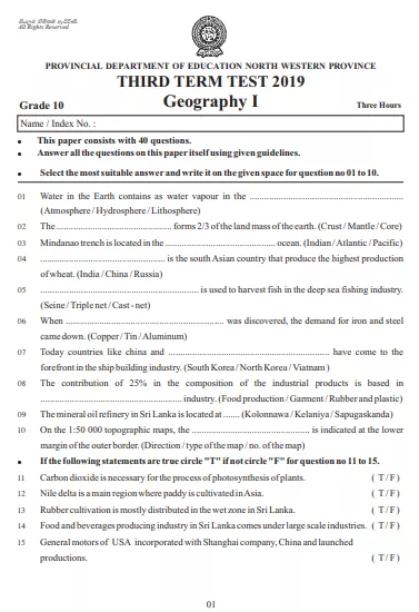 Grade 10 Geography 3rd Term Test Paper 2019 English Medium – North Western Province