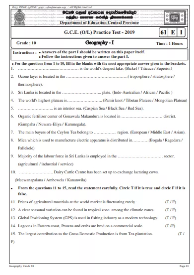 Grade 10 Geography 3rd Term Test Paper 2019 English Medium – Central Province