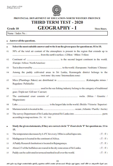 Grade 10 Geography 3rd Term Test Paper 2020 English Medium – North Western Province