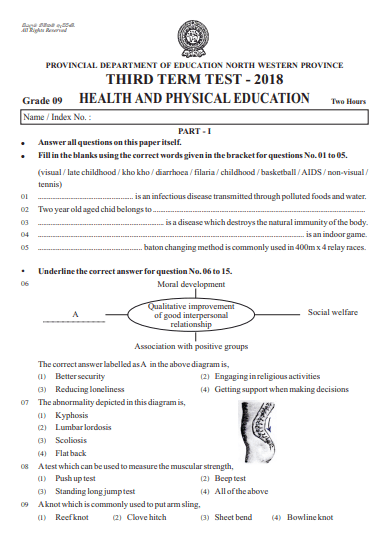 Grade 09 Health 3rd Term Test Paper 2018 English Medium – North Western Province