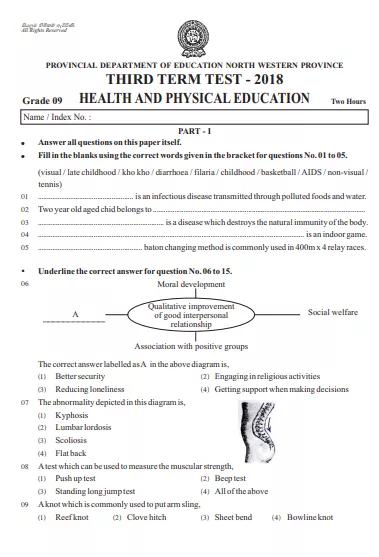 Grade 09 Health 3rd Term Test Paper 2018 English Medium – North Western Province