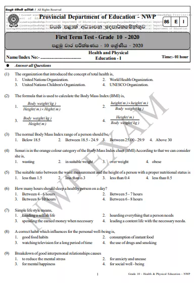 Grade 10 Health 1st Term Test Paper 2020 English Medium – North Western Province