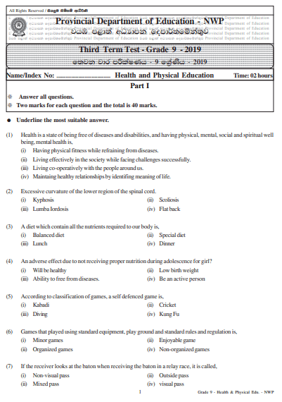 Grade 09 Health 3rd Term Test Paper 2019 English Medium North Western Province